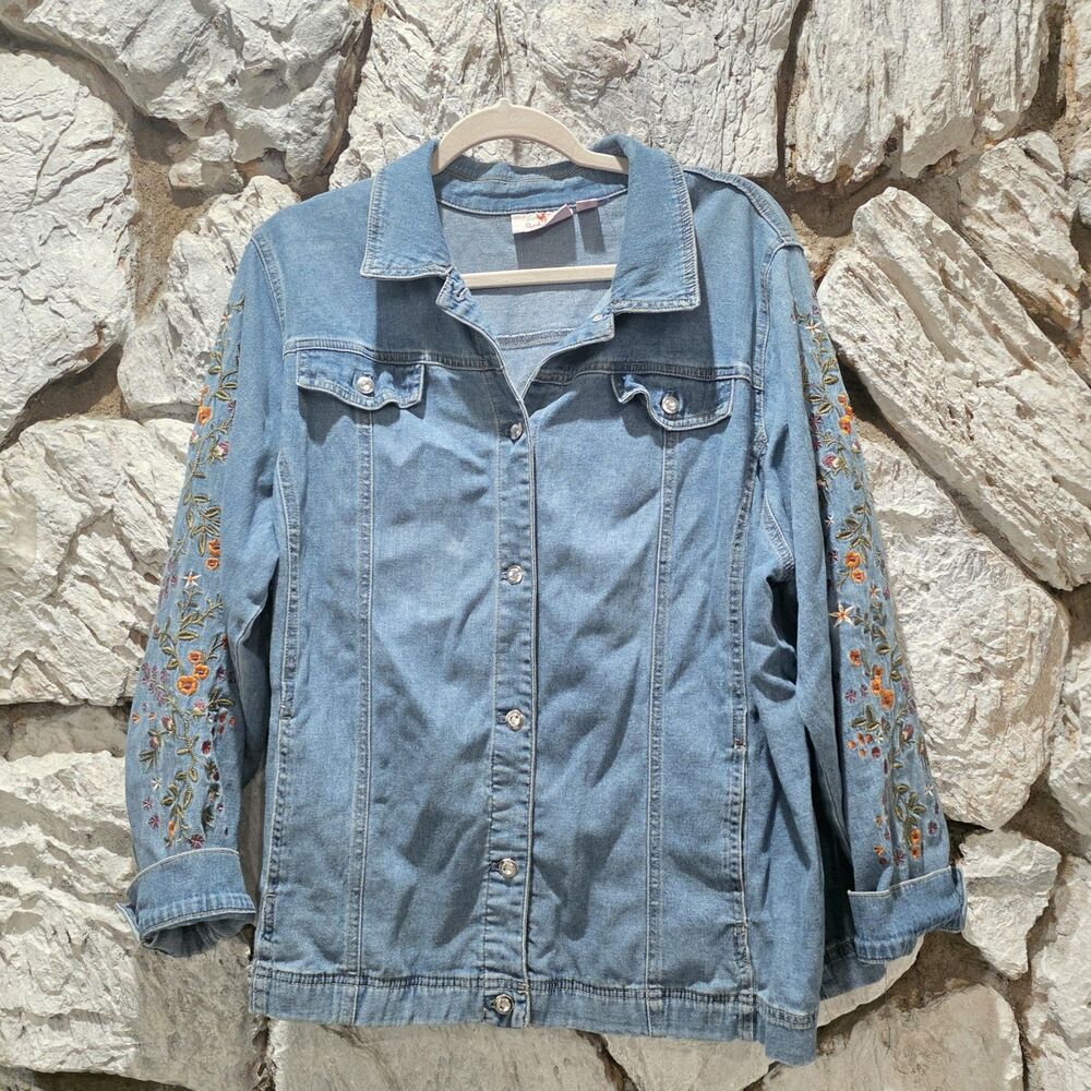 Quacker Factory Womens XL Blue Denim Jean Jacket Floral Boho Hippie